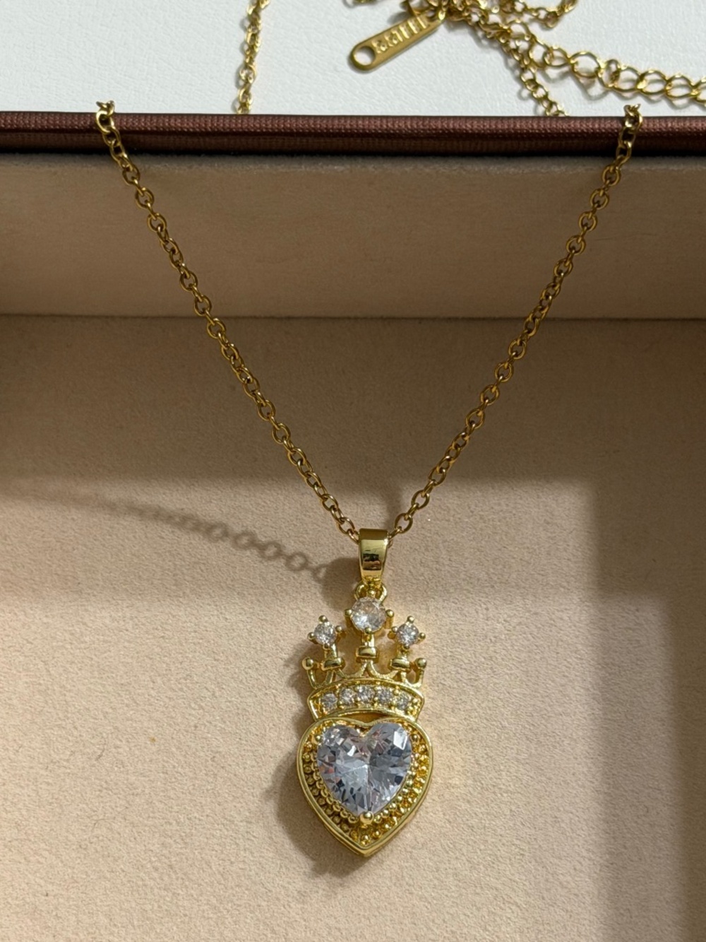 Elegant Golden Crown Heart Zirconia Pendant Stainless Steel Stamped Necklace